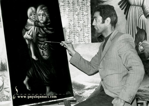 استاد در حال ترسیم عارف کامل، هنرمند و نویسنده صاحبدل حضرت استاد یعقوب قمری شریف آبادی