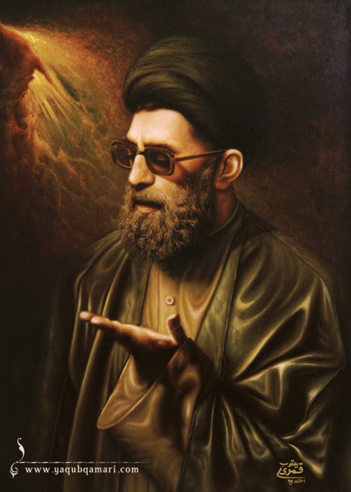 تابلو نقاشی رنگ روغن نیایش اثر عارف کامل، هنرمند و نویسنده صاحبدل حضرت استاد یعقوب قمری شریف آبادی، رهبر ، آیت الله خامنه ای