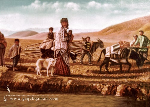 تابلو نقاشی رنگ روغن کوچ بختیاری اثر عارف کامل، هنرمند و نویسنده صاحبدل حضرت استاد یعقوب قمری شریف آبادی